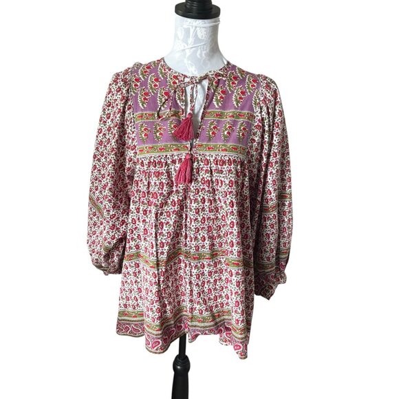 Mille Resort Wear Charlie Top Womens Boho Puff Sleeve Colorful Small